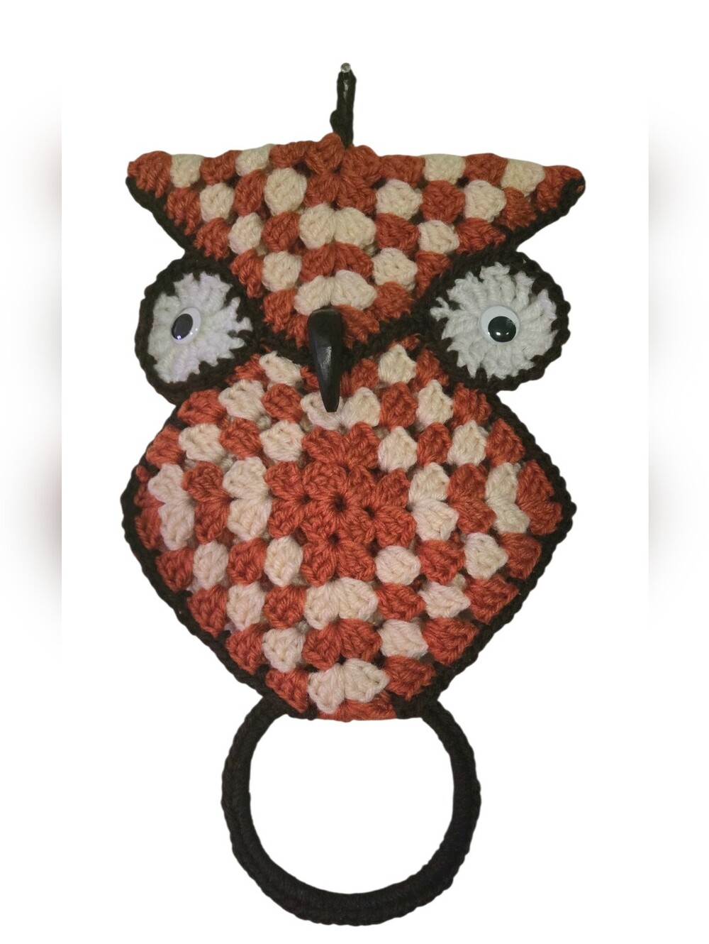 Vintage Handmade  Orange Brown White Crochet Owl Wall Hanging Towel Holder 16”